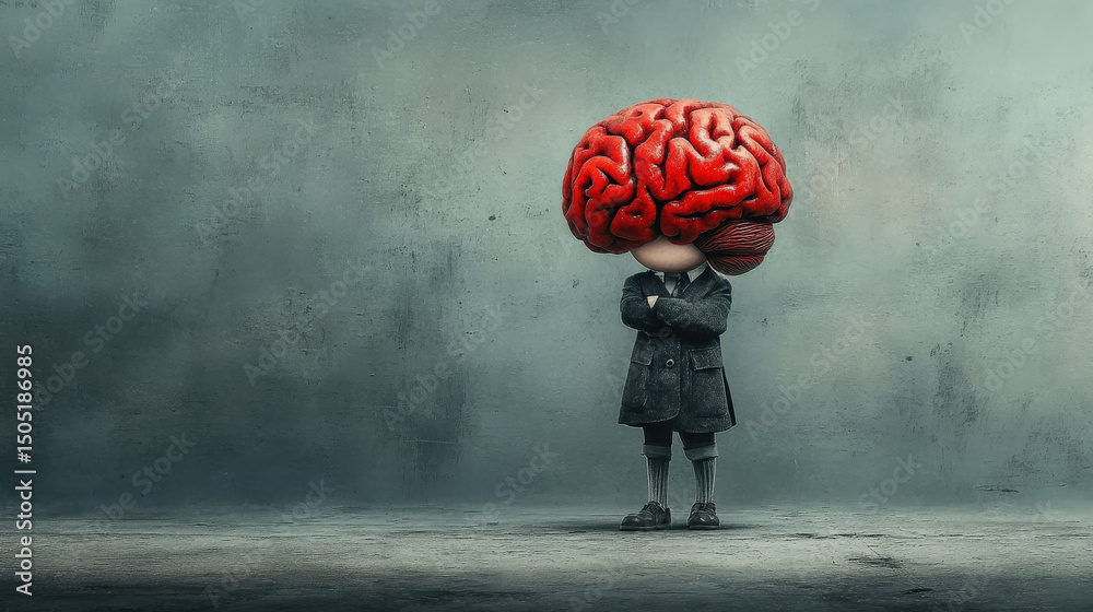 Poster whimsical illustration of person with large brain for head, wearing suit and standing confidently ag