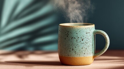 Matte ceramic coffee cup with steam rising, placed on monochrome gradient background with bold shadow, cozy aesthetic ad