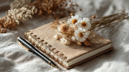 Fototapeta premium Notebook mockup lying flat on linen tablecloth with dried flowers and pen, soft daylight