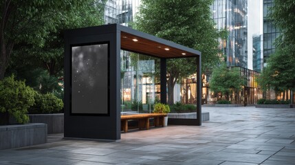 Naklejka premium Modern digital billboard on city square with stylish architecture and no foot traffic