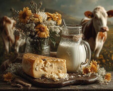 Rustic Cheese and Milk Still Life.