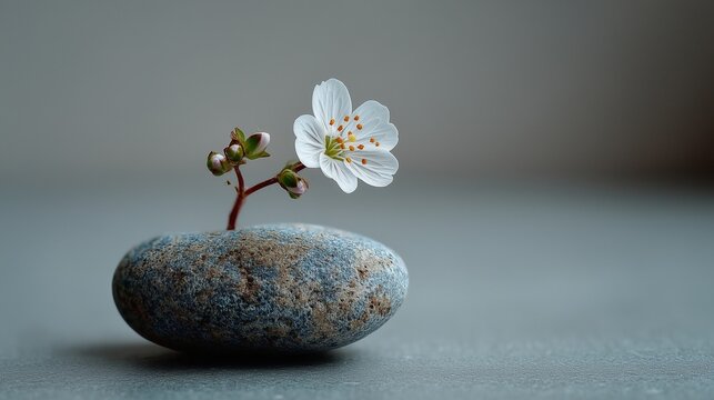 A single delicate white flower growing out of a smooth gray stone on a flat neutral background, serene and pure, minimalist botanical art