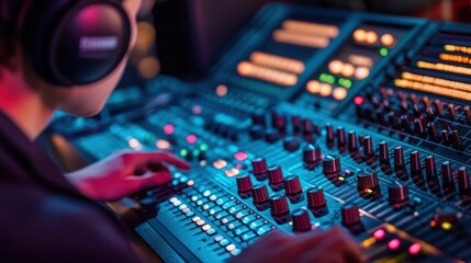 Obraz premium Audio Engineer Adjusting Sound Mixing Console with Colorful LED Lights in a Studio