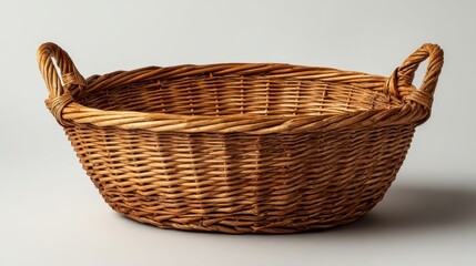 Obraz premium Round wicker basket with handles, empty and clean, placed on plain white surface