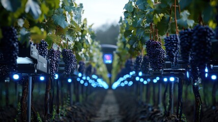 Obraz premium Futuristic Vineyard: Automated Wine Grape Harvesting