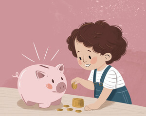 Illustration of a child saving money in a piggy bank indoors