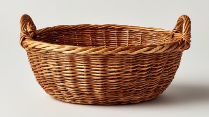 Obraz premium Round wicker basket with handles, empty and clean, placed on plain white surface