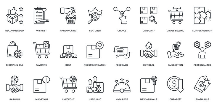 Product Recommendation icon set. Containing recommended, wish list, featured, choice, favorite, best, recommendation, new arrivals, hot deal, flash sale. Outline style