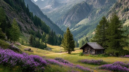 Fototapeta premium Tiny wooden cabin in Tyrol valley, Austria, surrounded by grazing cows and wildflowers, peaceful mountain view