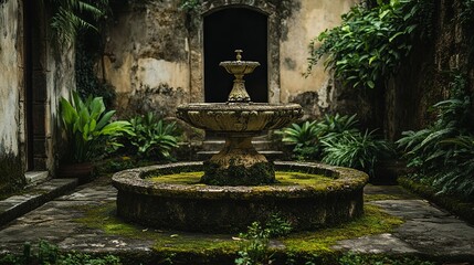 Serene Courtyard Fountain: Lush Greenery & Tranquil Water Feature