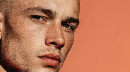 Obraz premium Young man with buzz cut and earrings, clean skin and direct look, on light peach background