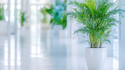 Obraz premium Serene Interior Oasis: A tranquil interior scene features a vibrant green plant in a sleek white pot. Soft light bathes the scene, enhancing the calm ambiance and minimalist aesthetic. 