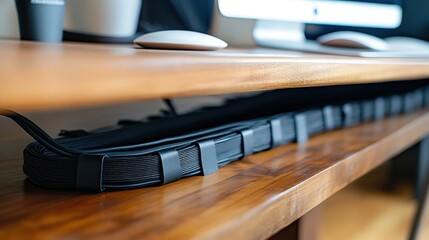 Organized cable management under a wooden desk with black velcro straps.