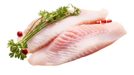 Fresh Fish Filets Ready for Cooking Garnish with Parsley on white and transparent Background