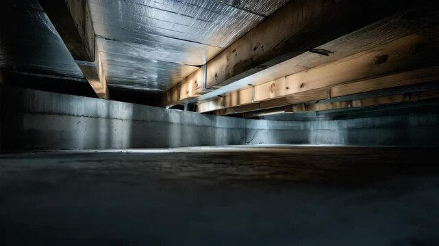 Interior of a dark crawl space featuring concrete foundation walls, wooden support beams and foil insulation reflecting light, underground space.
