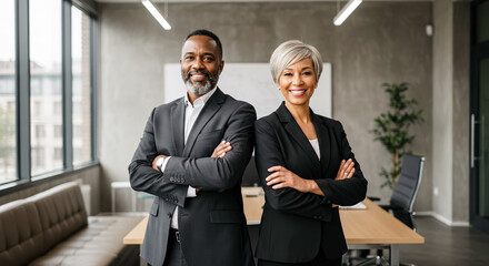 Fototapeta premium Confident african male and hispanic female business professionals in modern office setting