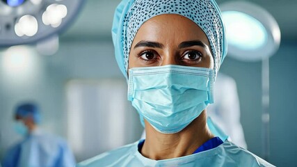 Surgical Nurse: A close-up shot of a dedicated surgical nurse, donned in sterile attire, her focused gaze reflects unwavering commitment within the operating room.