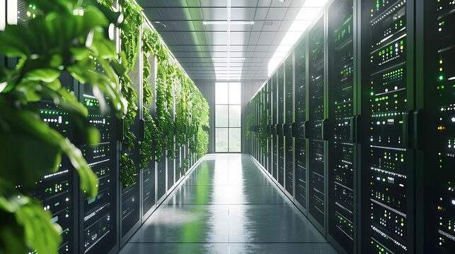 Data center with green plants, sustainable technology and modern equipment