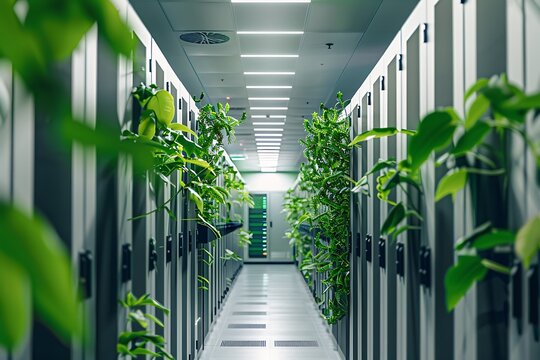 Data center hallway with servers decorated with green plants for sustainability