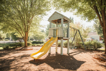 A shaded park with a slide and swings nearby The caregiver and child play catch with a soft ball It feels active and friendly