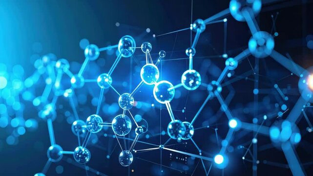 Molecule innovation and research in science and technology with glowing blue atoms connected by network lines showing molecular connection