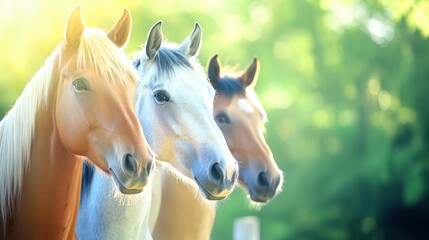 Obraz premium Three Horses in Sunlight: Three beautiful horses of different colors stand side by side, bathed in warm sunlight, showcasing their majestic beauty and calm demeanor.