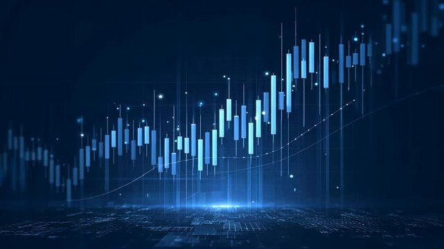 Abstract blue stock chart with rising candlestick lines showing financial Growth Trend, representing Rising to Success and stock chart and graph movement