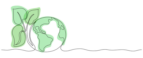 Planet Earth with leaves in one line art style banner copy space. World nature conservation day. Single continuous editable stroke growing plant and globe. Eco concept design sketch drawing. Save.