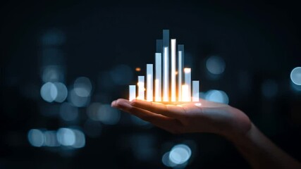 Hand holding glowing bar chart, symbolizing control over Growth Trend and financial Rising to Success in stock chart and graph development
