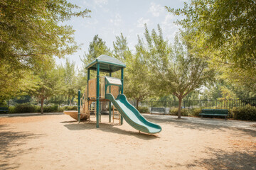 A shaded park with a slide and swings nearby The caregiver and child play catch with a soft ball It feels active and friendly
