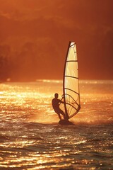 Windsurfer gliding across shimmering water at sunset, with vibrant colors reflecting in the background