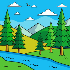 Serene riverside pine trees nestled among hills under a vast blue sky, with birds soaring above—capturing nature's tranquil beauty in a perfect landscape.