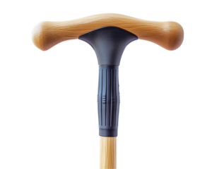 Close up of a walking stick with a wooden handle and grip