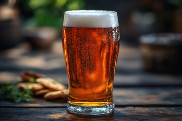 Refreshing Amber Beer with Pretzels on Rustic Wooden Table for Relaxation and Enjoyment