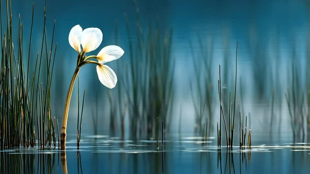 A white flower on a long stem rises from calm blue water, surrounded by tall green reeds with a blurry background