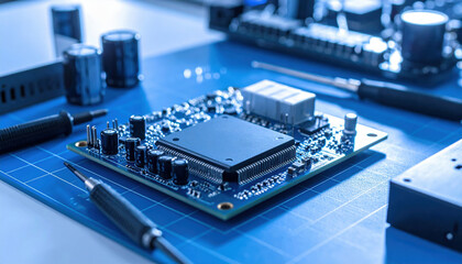 Electronic circuit board with microchip and capacitors on research equipment table for technology development