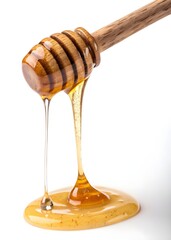 Close-Up Studio Shot of Honey Dripping from Wooden Dipper – High Contrast and Vibrant Detail on White Background