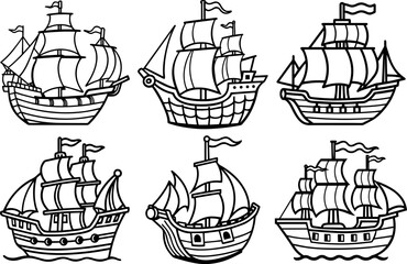 Set of vintage pirate ship outline vector illustration line art coloring book page