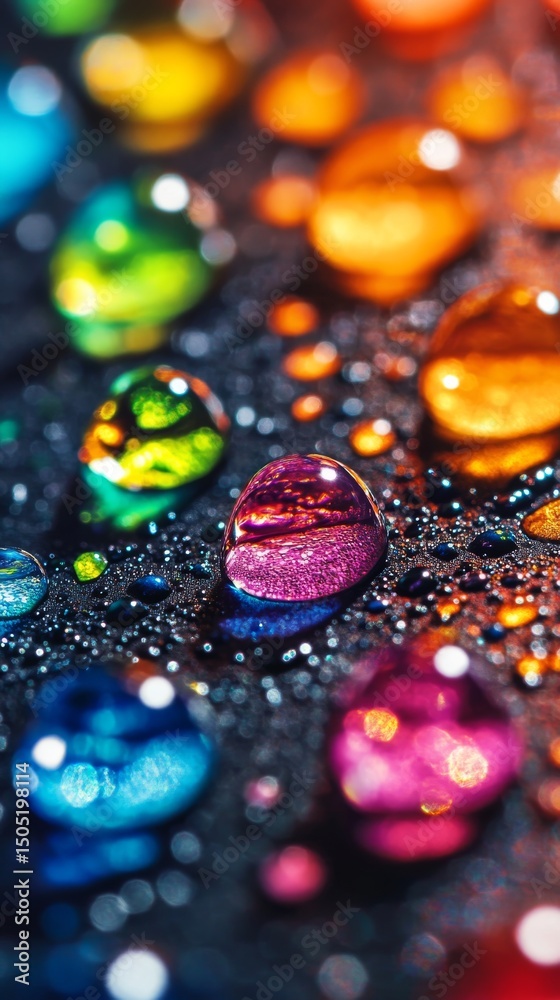 Wall mural a vibrant array of colorful droplets rest on a dark surface. each droplet reflects light uniquely. t