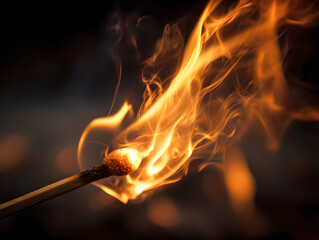 A close up of a lit match with flames and smoke against a dark blurred background in a studio shot