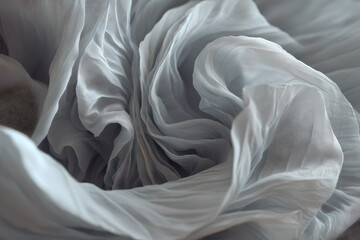 Close up view of flowing light gray fabric with soft folds and delicate texture creating depth and movement