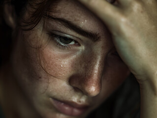 Close up of a woman with tears in her eyes and hand on her forehead looking down in a dark setting