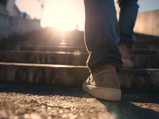 A person walking up concrete stairs with sunlight shining in the background at the top of stairs