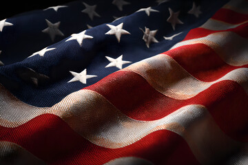 Close up view of an american flag with visible stars and stripes in a wavy pattern design effect