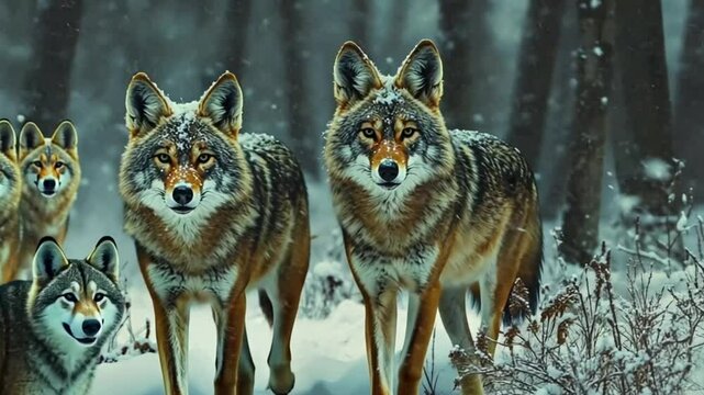 Observing a pack of coyotes surviving together in the snowy wilderness as winter's harsh conditions reign