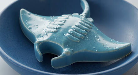A manta ray shaped soap with a silky texture and shiny surface, in the center of a blue ceramic dish