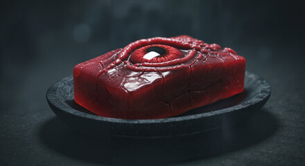 A kraken eye shaped soap, dark red glossy center with cracked edges, on a black stone tray