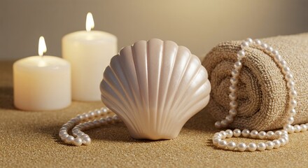 Shell-shaped soap with iridescent pearl finish, resting on a hand-towel resembling sand