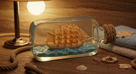 A soap carved into a ship in a bottle, inside a clear mold, on a wooden counter in a bathroom