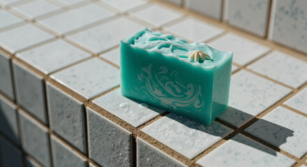 Sea glass soap bar with decorative design on tiled background  